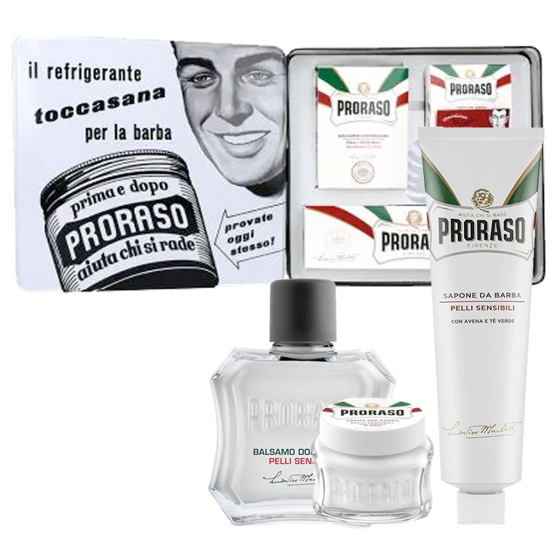 Cofanetto uomo vintage box PRORASO PELLI SENSIBILI crema pre-barba 100ml + sapone da barba 150ml + balsamo dopobarba 100ml