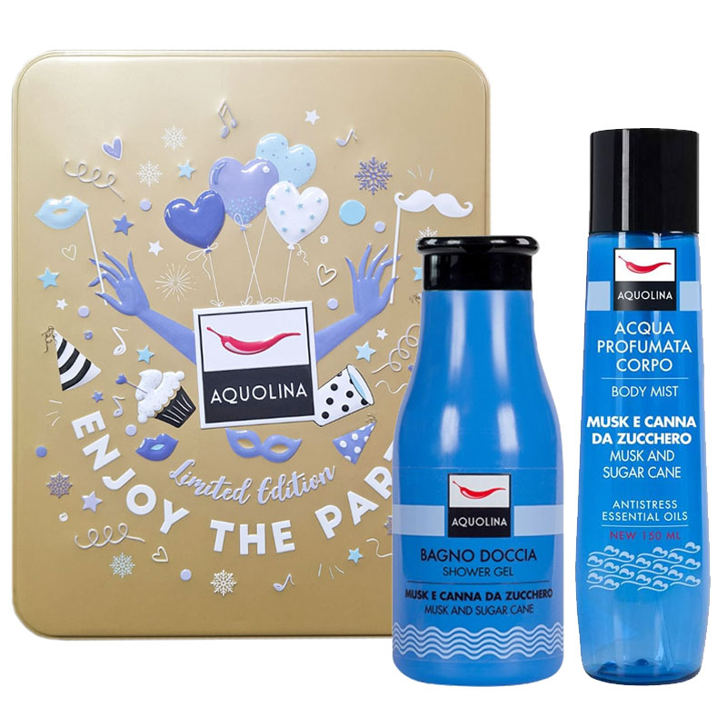 Cofanetto donna AQUOLINA MUSK E CANNA DA ZUCCHERO bagno doccia 250ml + acqua profumata corpo 150ml