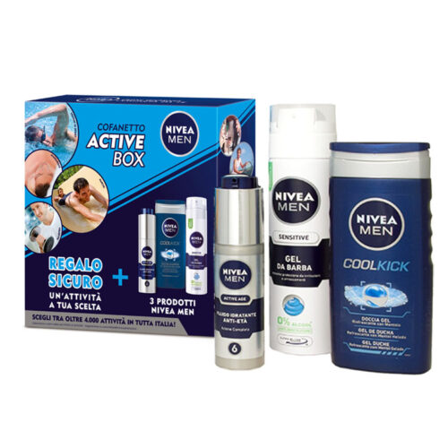 Cofanetto uomo NIVEA MEN ACTIVE BOX idratante anti-età 50ml + doccia shampoo 250ml + gel da barba sensitive 200ml