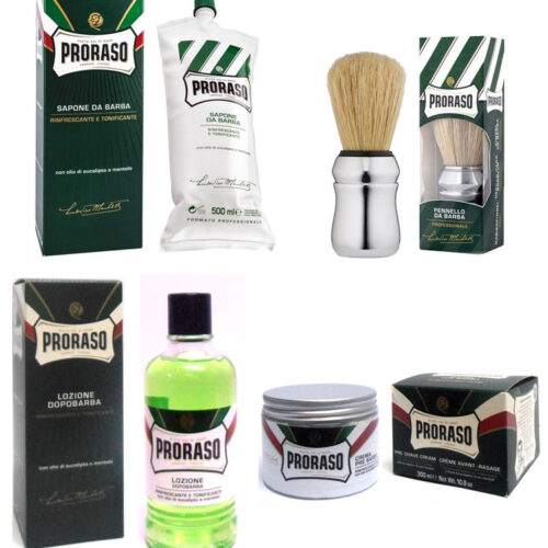 Kit PRORASO Sapone 500ml + Pennello + Lozione Dopobarba 400ml + Crema Pre Barba 300ml