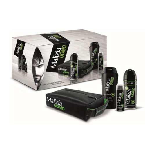 Cofanetto uomo MALIZIA UOMO VETYVER gel doccia shampoo 250ml + deodorante 175ml + schiuma da barba 50ml