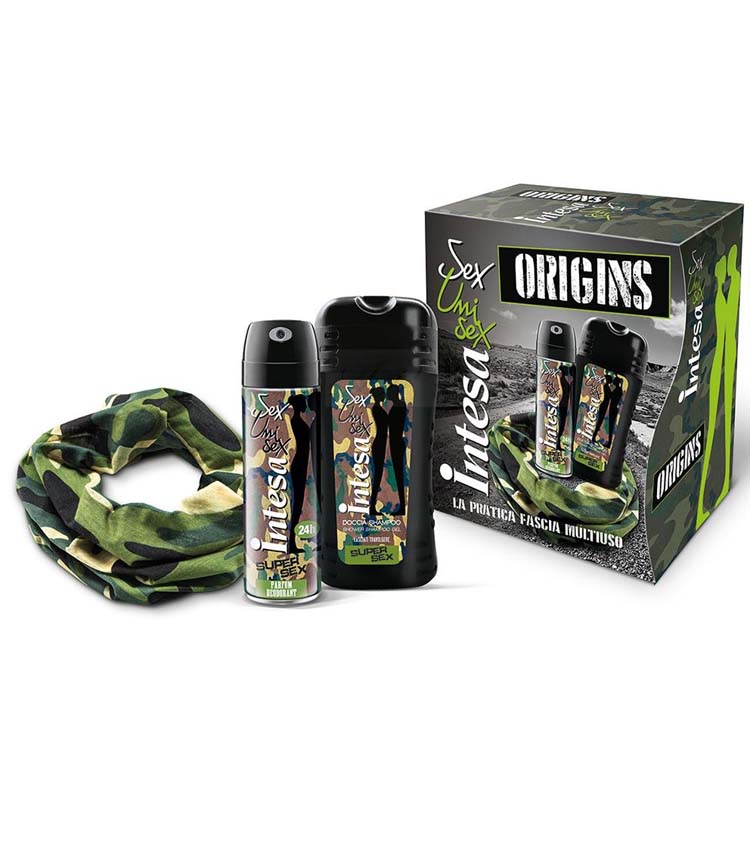 Cofanetto unisex INTESA ORIGINS doccia shampoo 250ml + deodorante profumato 125ml + fascia multiuso