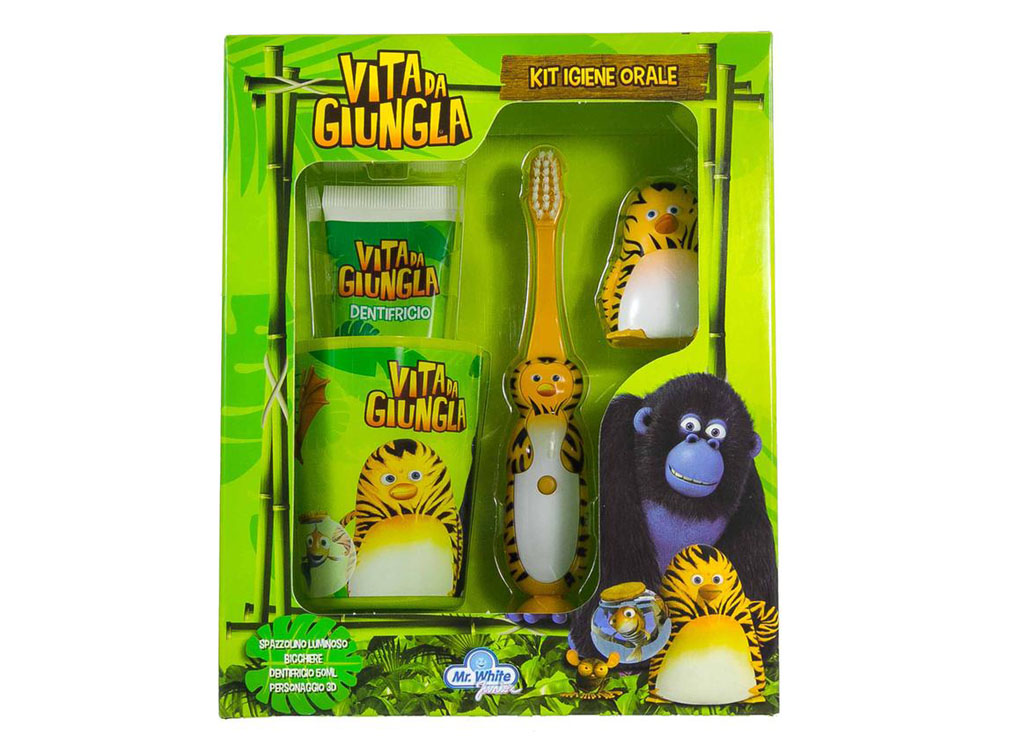 Mr. WHITE KIT VITA DA GIUNGLA spazzolino da denti luminoso + dentifricio 50ml + bicchiere +personaggio 3D