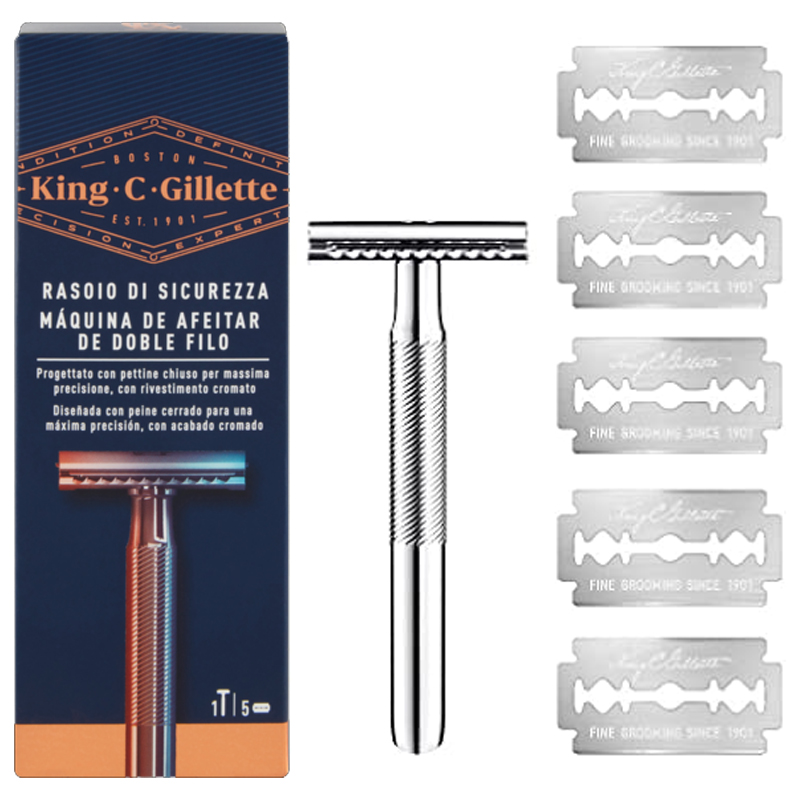 KING C GILLETTE Rasoio di sicurezza, rivestimento cromato + 5 lame di ricambio