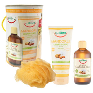 Cofanetto di latta EQUILIBRA mandorle dolci olio 250ml + crema corpo 200ml + spugna