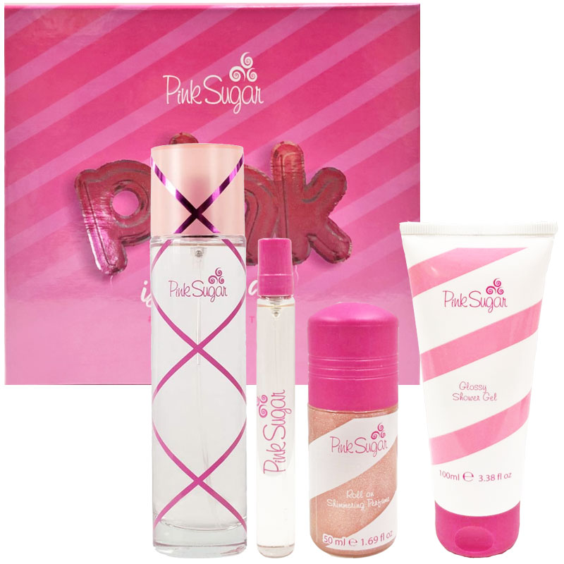 Cofanetto donna PINK SUGAR PINK IS IN THE AIR edt + edt da borsa + profumo illuminante roll on + gel doccia luminoso
