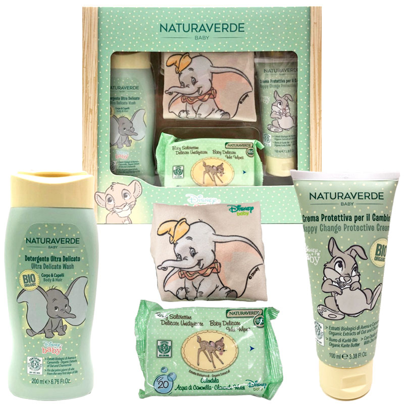 Cofanetto bimbi NATURAVERDE BABY BIO DISNEY detergente ultra delicato + crema protettiva + salviette umidificate + baby dou dou