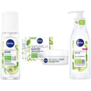 NIVEA NATURALLY GOOD deodorante spray + gel detergente viso + crema viso giorno