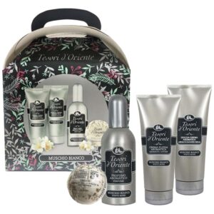 Cofanetto TESORI D'ORIENTE MUSCHIO BIANCO profumo 100ml + doccia crema 75ml + crema corpo 75ml + bomba da bagno