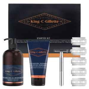 Cofanetto uomo KING C GILLETTE STARTER KIT detergente barba e viso + gel da rasatura + rasoio di sicurezza + lame di ricambio