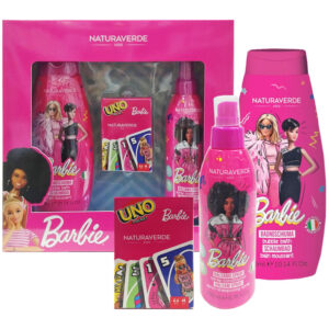 Cofanetto bambina NATURAVERDE KIDS BARBIE bagnoschiuma 300ml + balsamo spray capelli 200ml + carte gioco "Uno"