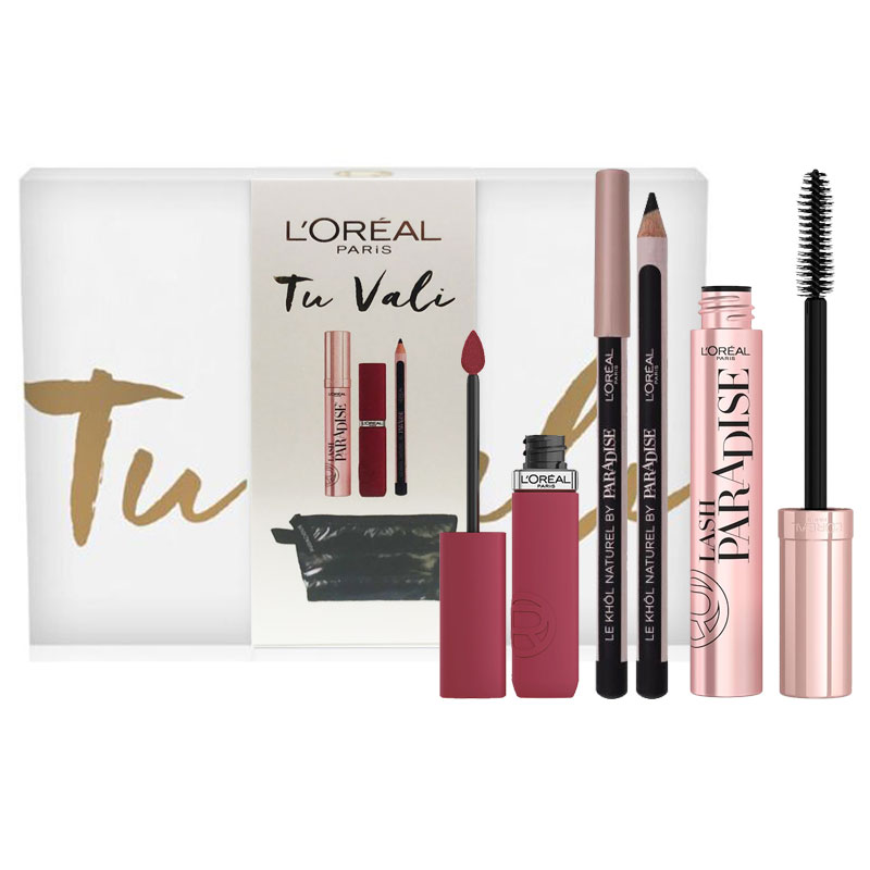 Cofanetto donna L'OREAL TU VALI mascara nero Lash Paradise + matita nera Le Khol Naturel + rossetto liquido matte + pochette