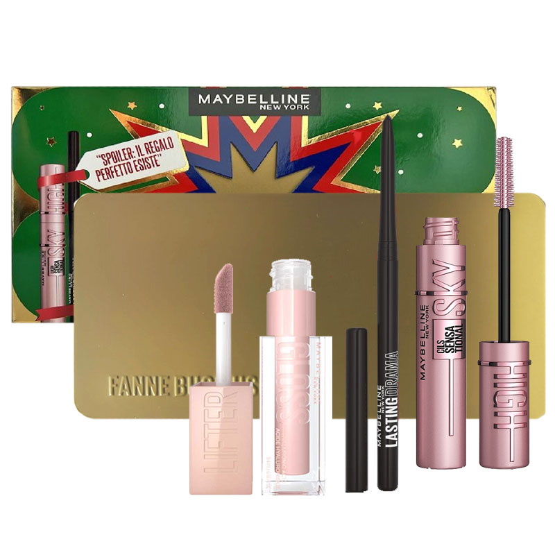 Cofanetto donna MAYBELLINE NATALE CON CHI VUOI mascara Sky High + lifter gloss ice + matita occhi Lasting Drama + make up box