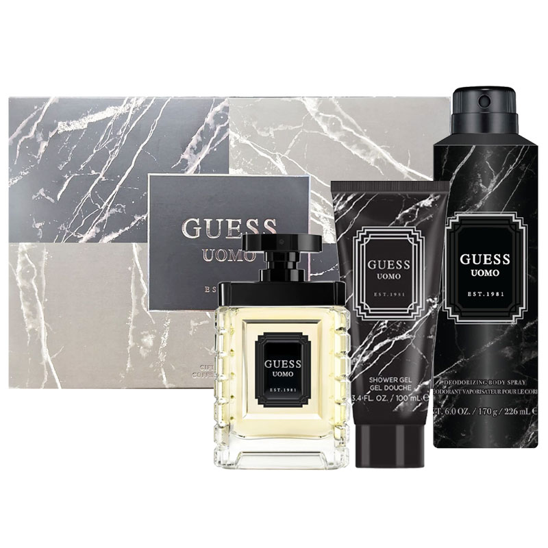 Cofanetto uomo GUESS UOMO edt 100ml + deodorante spray 170g + gel doccia 100ml + borsello