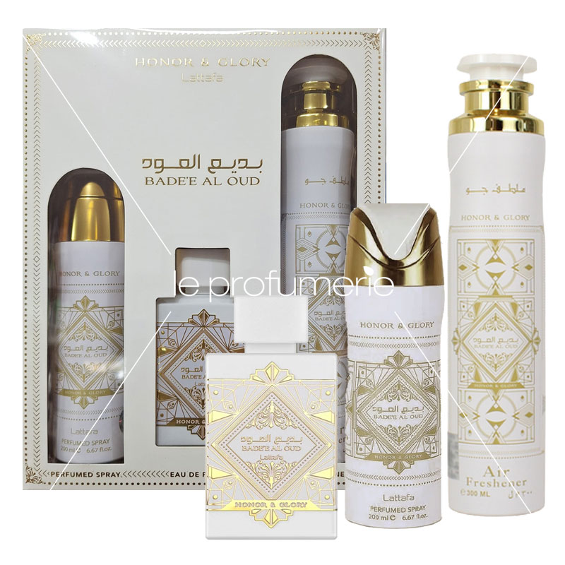 Cofanetto unisex LATTAFA PERFUMES BADE'E AL OUD HONOR & GLORY edp 100ml + deodorante corpo 200ml + deodorante ambiente 300ml