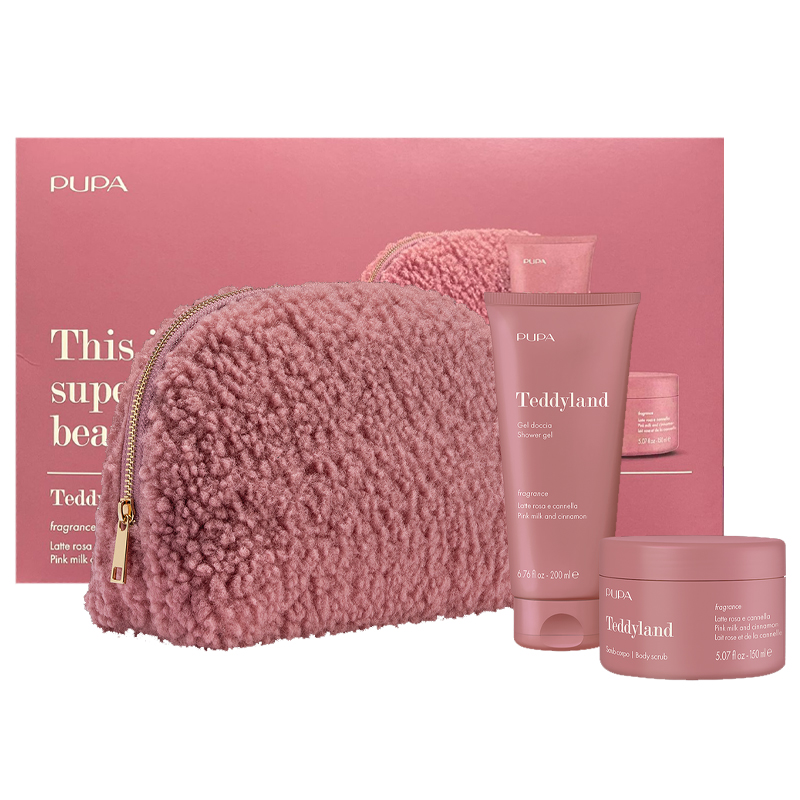 Cofanetto donna PUPA TEDDYLAND Gel doccia 200ml + scrub corpo 150ml + pochette – latte rosa e cannella