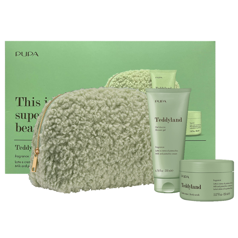 Cofanetto donna PUPA TEDDYLAND Gel doccia 200ml + scrub corpo 150ml + pochette – latte e crema al pistacchio